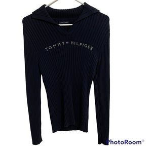 Classic Tommy Hilfiger Navy Blue Sweater with Rhinestones Logo